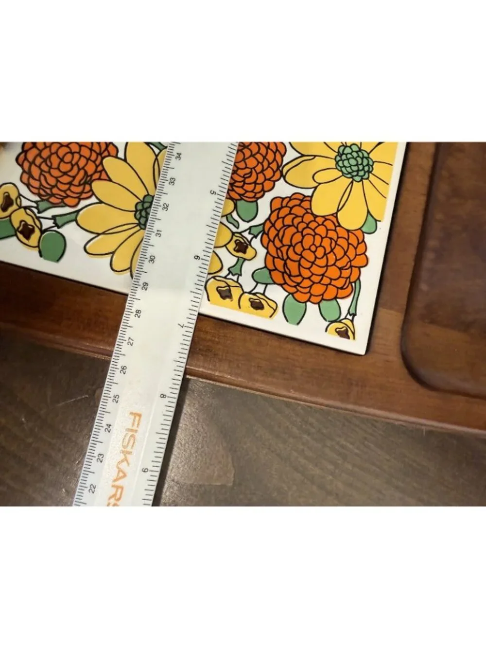Vintage Gail Craft Wooden Cheese Board  Floral Center Trivet and Knife 1970's